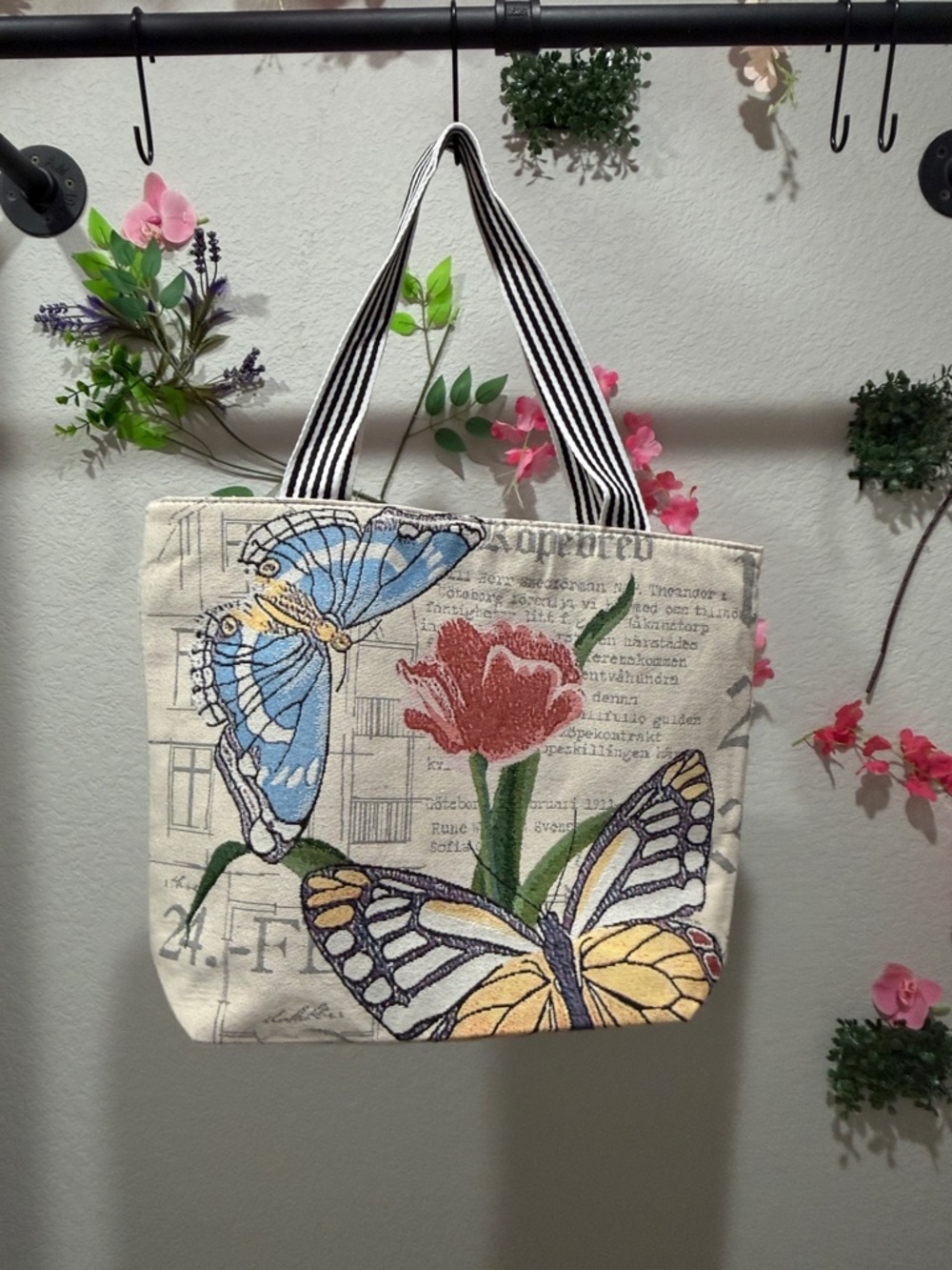 Floral Butterfly Canvas Tote Bag - Neutral with Blue & Yellow